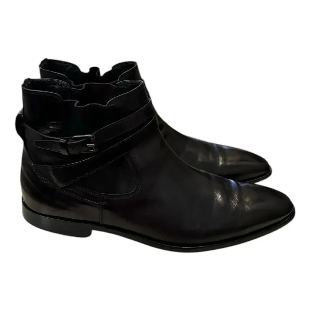 Hugo Boss Men's Black Leather Slip-on Motorcycle Boots 8